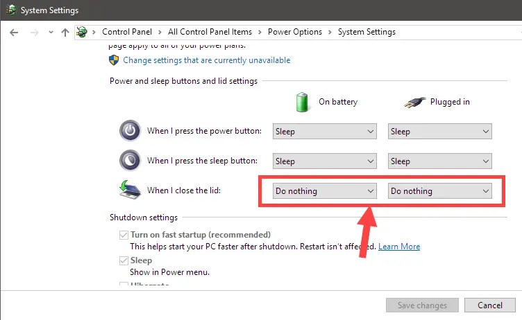 Windowsでふたを閉じた状態でラップトップを実行するには、何もしないを選択します